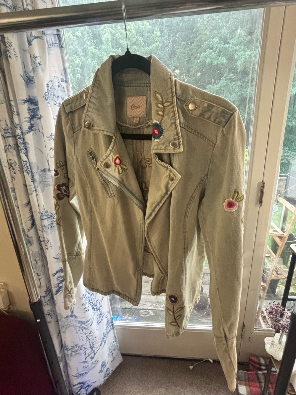 Candie's Light Sage Embroidered Denim Moto Jacket